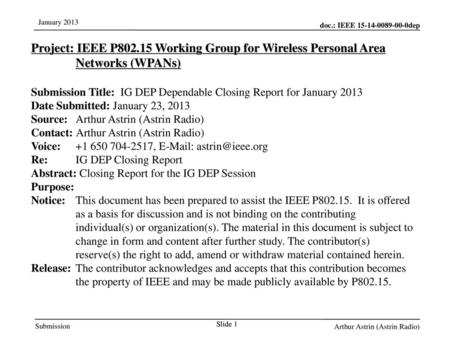 Jul 12, 2010 07/12/10 Project: IEEE P802.15 Working Group for Wireless Personal Area Networks (WPANs) Submission Title: IG DEP Dependable Closing Report.