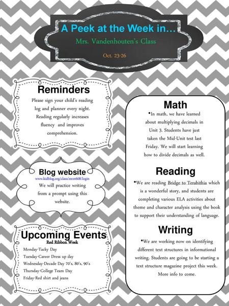 A Peek at the Week in… Reminders Math Reading Writing Upcoming Events