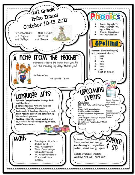 1st Grade Tribe Times October 10-13, 2017
