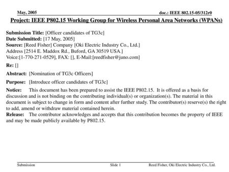 May, 2005 Project: IEEE P802.15 Working Group for Wireless Personal Area Networks (WPANs) Submission Title: [Officer candidates of TG3c] Date Submitted: