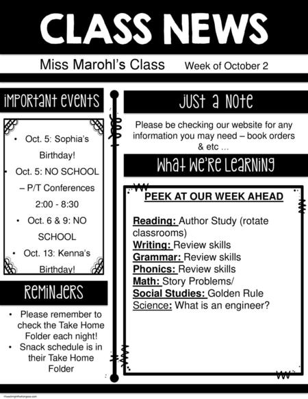 Miss Marohl’s Class Week of October 2