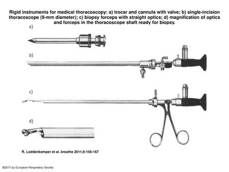 Rigid instruments for medical thoracoscopy: a) trocar and cannula with valve; b) single-incision thoracoscope (9-mm diameter); c) biopsy forceps with straight.