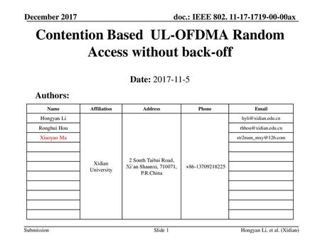 Contention Based UL-OFDMA Random Access without back-off