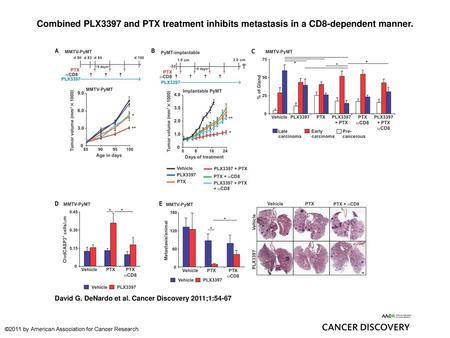 Combined PLX3397 and PTX treatment inhibits metastasis in a CD8-dependent manner. Combined PLX3397 and PTX treatment inhibits metastasis in a CD8-dependent.