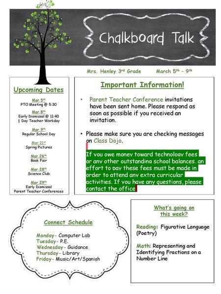 Mrs. Henley 3rd Grade March 5th – 9th Important Information!