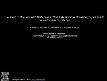 Presence of store-operated Ca2+ entry in C57BL/6J mouse ventricular myocytes and its suppression by sevoflurane  A. Kojima, H. Kitagawa, M. Omatsu-Kanbe,
