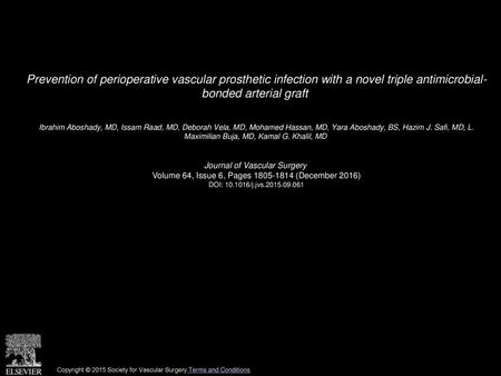 Prevention of perioperative vascular prosthetic infection with a novel triple antimicrobial- bonded arterial graft  Ibrahim Aboshady, MD, Issam Raad, MD,