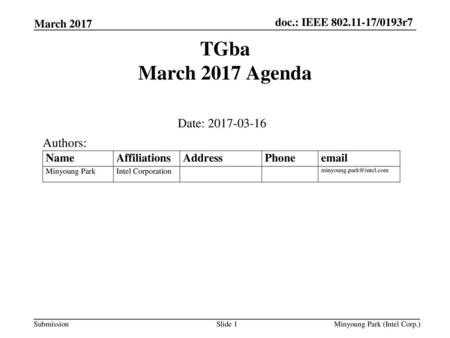 TGba March 2017 Agenda Date: Authors: March 2017