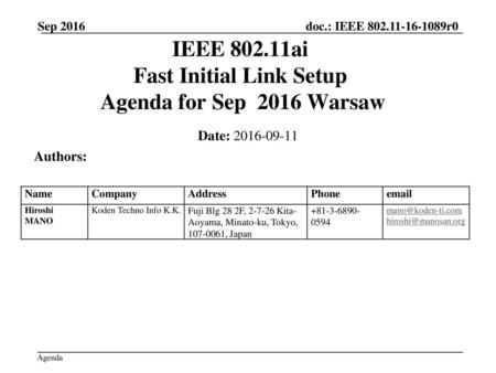 IEEE ai Fast Initial Link Setup Agenda for Sep 2016 Warsaw