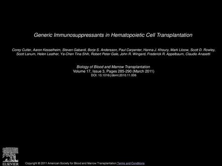 Generic Immunosuppressants in Hematopoietic Cell Transplantation