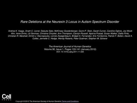 Rare Deletions at the Neurexin 3 Locus in Autism Spectrum Disorder