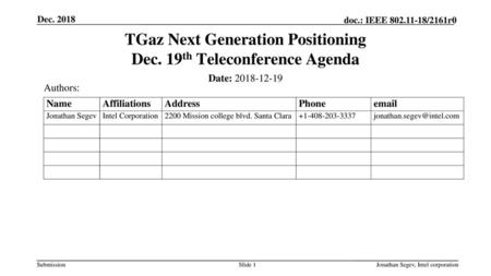 TGaz Next Generation Positioning Dec. 19th Teleconference Agenda