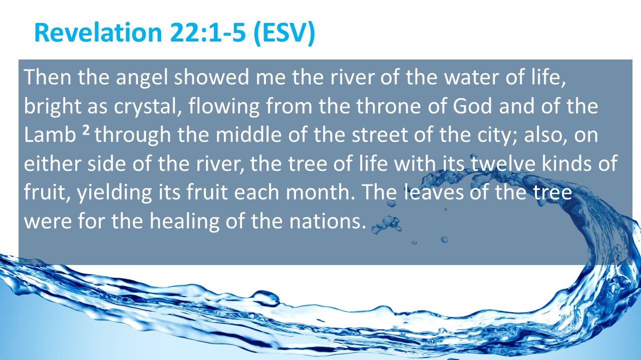 Revelation 22:1-5 (ESV) Then the angel showed me the river of the water of  life, bright as crystal, flowing from the throne of God and of the Lamb 2  through. - ppt download