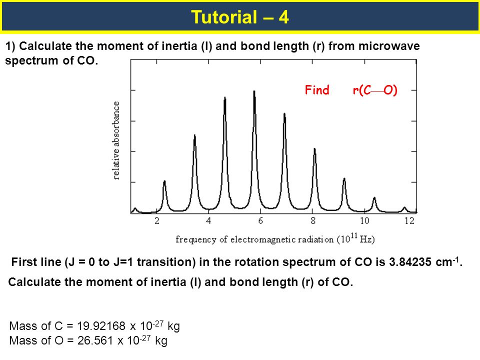 Tutorial 4 1 Calculate The Moment Of Inertia I And Bond Length R From Microwave Spectrum Of Co First Line J 0 To J 1 Transition In The Rotation Ppt Download