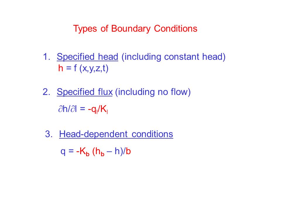 Types Of Boundary Conditions 1 Specified Head Including Constant Head H F X Y Z T 2 Specified Flux Including No Flow H L Q L K L 3 Head Dependent Ppt Download