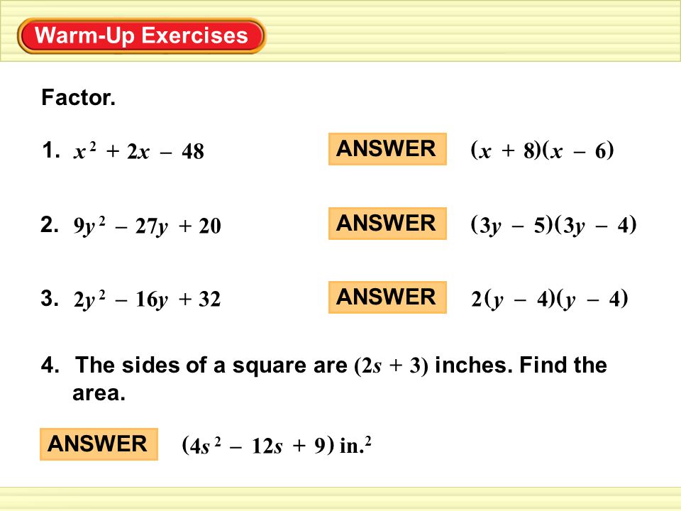Warm Up Exercises Factor 1 X 2 2x 48 Answer 8 X 6 Ppt Video Online Download