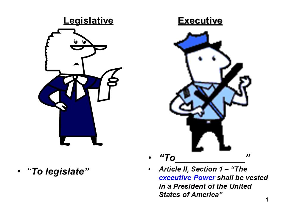 Executive LegislativeExecutive “To legislate” “To_____________” Article II,  Section 1 – “The executive Power shall be vested in a President of the  United. - ppt download