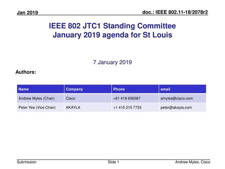 IEEE 802 JTC1 Standing Committee January 2019 agenda for St Louis