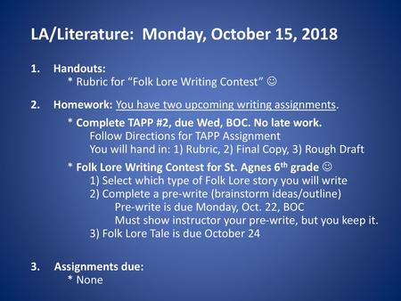 LA/Literature: Monday, October 15, 2018