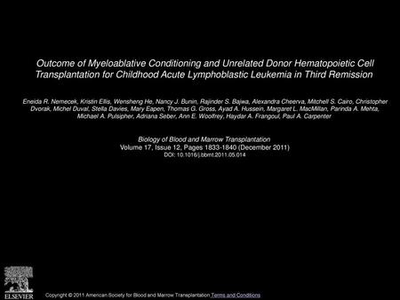 Outcome of Myeloablative Conditioning and Unrelated Donor Hematopoietic Cell Transplantation for Childhood Acute Lymphoblastic Leukemia in Third Remission 