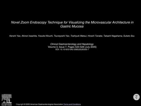 Novel Zoom Endoscopy Technique for Visualizing the Microvascular Architecture in Gastric Mucosa  Kenshi Yao, Akinori Iwashita, Yosuke Kikuchi, Tsuneyoshi.