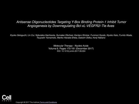 Antisense Oligonucleotides Targeting Y-Box Binding Protein-1 Inhibit Tumor Angiogenesis by Downregulating Bcl-xL-VEGFR2/-Tie Axes  Kiyoko Setoguchi, Lin.
