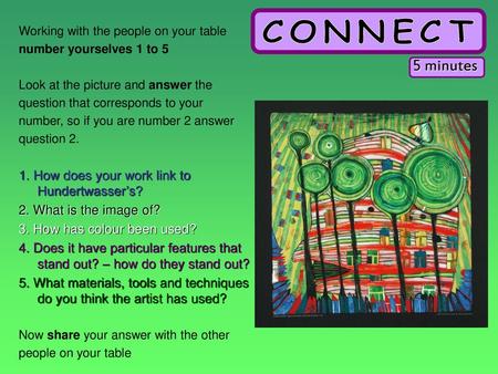 5 minutes 1. How does your work link to Hundertwasser’s?