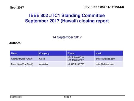 July 2010 doc.: IEEE 802.11-10/0xxxr0 IEEE 802 JTC1 Standing Committee September 2017 (Hawaii) closing report 14 September 2017 Authors: Name Company Phone.