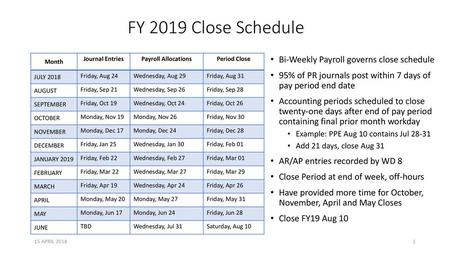FY 2019 Close Schedule Bi-Weekly Payroll governs close schedule