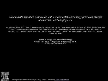 A microbiota signature associated with experimental food allergy promotes allergic sensitization and anaphylaxis  Magali Noval Rivas, PhD, Oliver T. Burton,