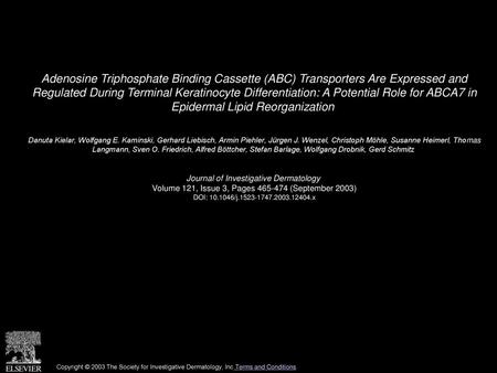 Adenosine Triphosphate Binding Cassette (ABC) Transporters Are Expressed and Regulated During Terminal Keratinocyte Differentiation: A Potential Role.