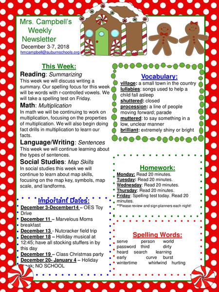 Mrs. Campbell’s Weekly Newsletter This Week: Reading: Summarizing