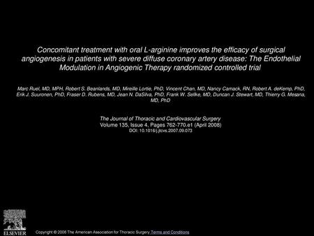 Concomitant treatment with oral L-arginine improves the efficacy of surgical angiogenesis in patients with severe diffuse coronary artery disease: The.