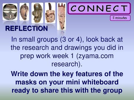 5 minutes REFLECTION In small groups (3 or 4), look back at the research and drawings you did in prep work week 1 (zyama.com research). Write down the.