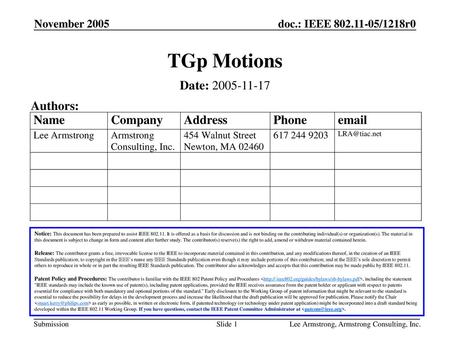 TGp Motions Date: Authors: November 2005 Month Year