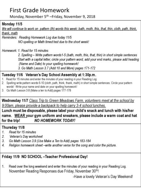 First Grade Homework Monday, November 5th –Friday, November 9, 2018