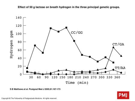  Effect of 50 g lactose on breath hydrogen in the three principal genetic groups.  Effect of 50 g lactose on breath hydrogen in the three principal genetic.