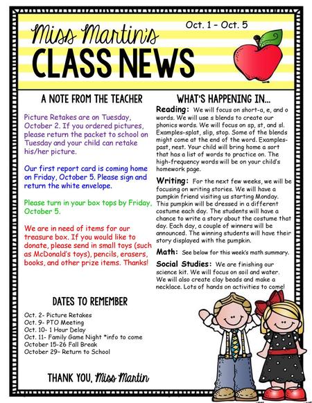 class news Miss Martin’s Oct. 1 – Oct. 5 A Note from the Teacher