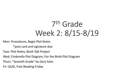 7th Grade Week 2: 8/15-8/19 Mon: Procedures, Begin Plot Notes