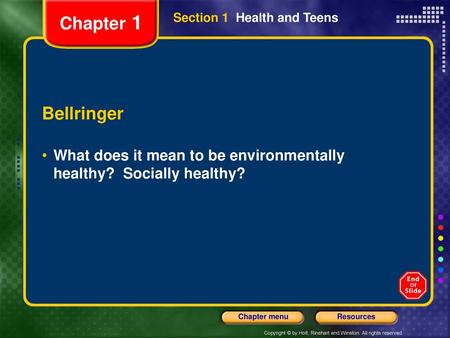 Chapter 1 Section 1  Health and Teens Bellringer