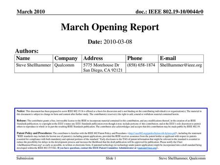 March Opening Report Date: Authors: March 2010