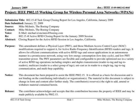 January 19 January 2009 Project: IEEE P802.15 Working Group for Wireless Personal Area Networks (WPANs) Submission Title: 802.15.4f Task Group Closing.