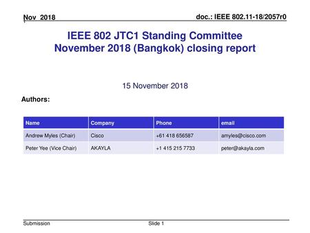 July 2010 doc.: IEEE 802.11-10/0xxxr0 IEEE 802 JTC1 Standing Committee November 2018 (Bangkok) closing report 15 November 2018 Authors: Name Company Phone.