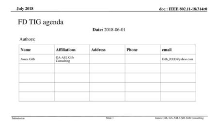FD TIG agenda Date: Authors: July 2018 Name Affiliations
