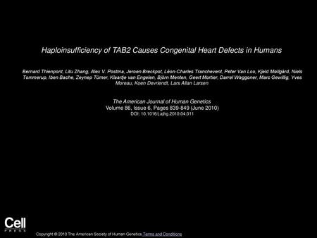 Haploinsufficiency of TAB2 Causes Congenital Heart Defects in Humans
