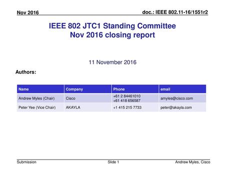 IEEE 802 JTC1 Standing Committee Nov 2016 closing report