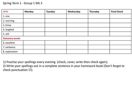 Spring Term 1 - Group 1 Wk 3 HFW Monday Tuesday Wednesday Thursday