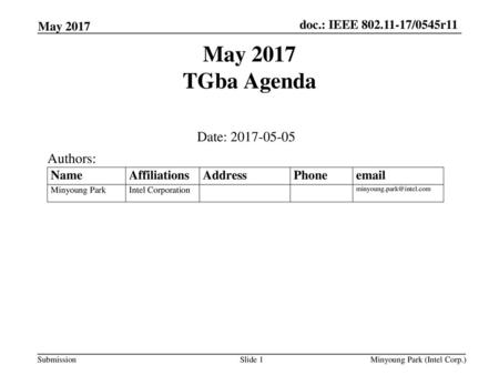 May 2017 TGba Agenda Date: Authors: May 2017 January 2016