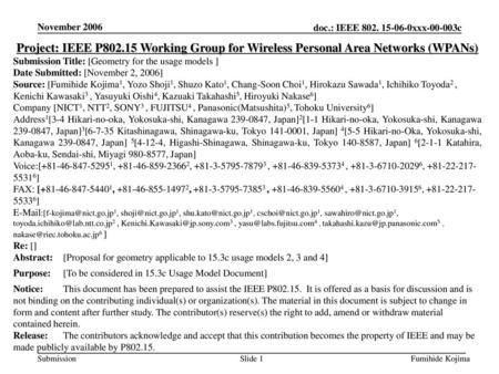 November 2006 Project: IEEE P802.15 Working Group for Wireless Personal Area Networks (WPANs) Submission Title: [Geometry for the usage models ] Date Submitted: