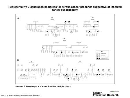 Representative 3-generation pedigrees for serous cancer probands suggestive of inherited cancer susceptibility. Representative 3-generation pedigrees for.
